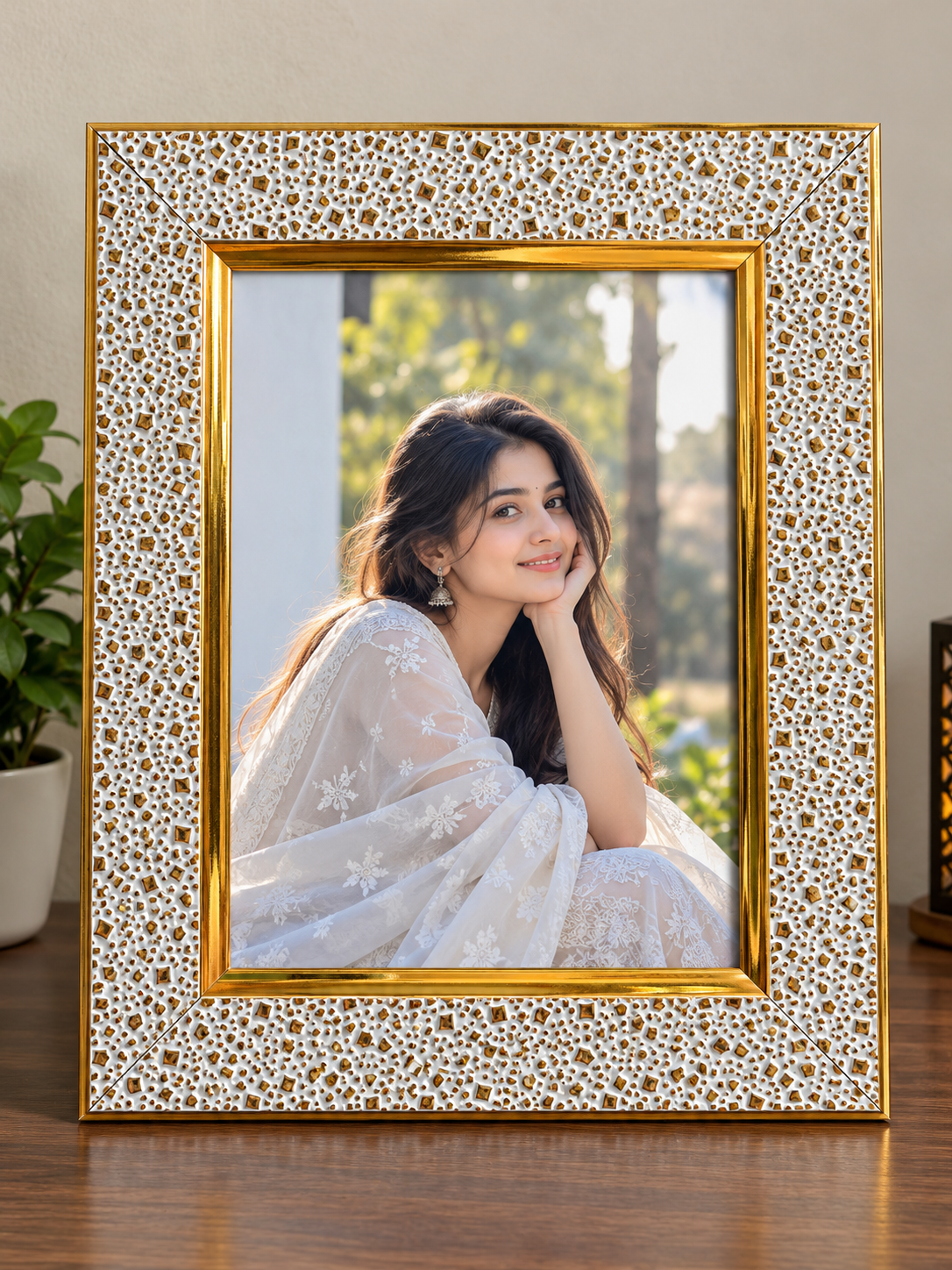 Premium White & Gold Designer Photo Frame | Elegant Textured Picture Frame for Wedding, Anniversary, Family Photos & Home Décor | Multiple Sizes Available