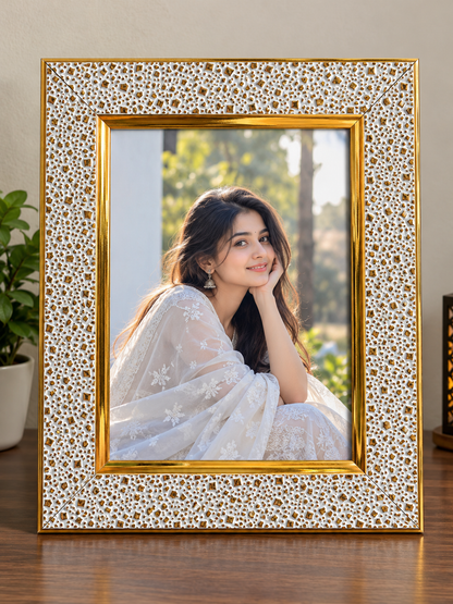 Premium White & Gold Designer Photo Frame | Elegant Textured Picture Frame for Wedding, Anniversary, Family Photos & Home Décor | Multiple Sizes Available